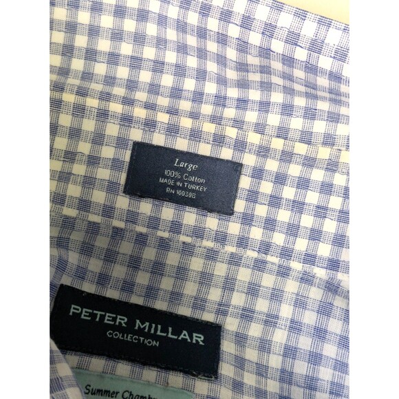 Peter Millar Summer Chambray Shirt Mens Large Blue Check Button Down Long Sleeve - Picture 3 of 9